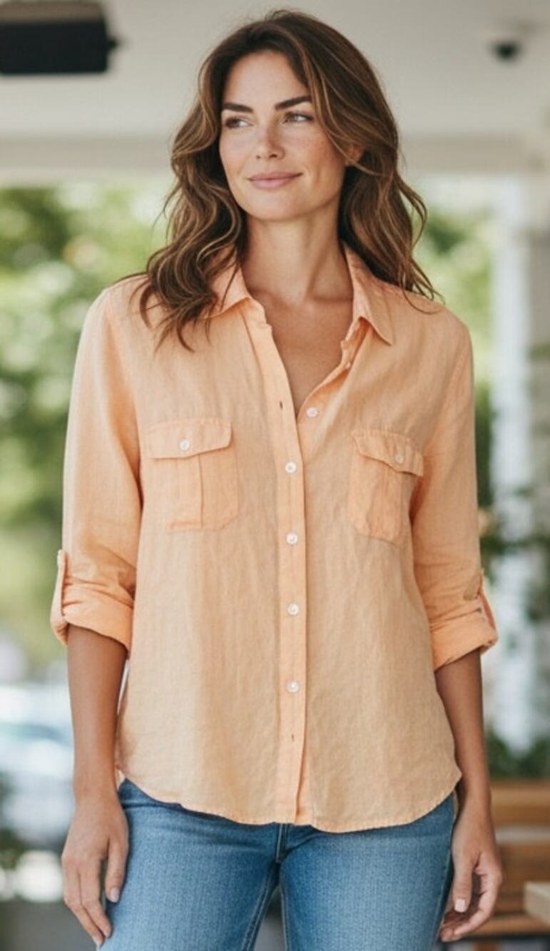 Vintage Talbots Irish Linen Button Down Shirt Blouse Orange Peach Pockets Sz Med